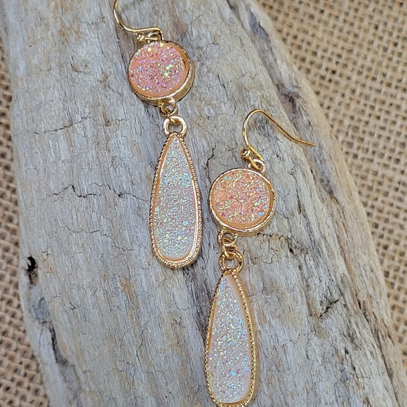 RESTOCKED Peachy Pink Druzy Stone Dangle Earrings - Picture 2 of 4
